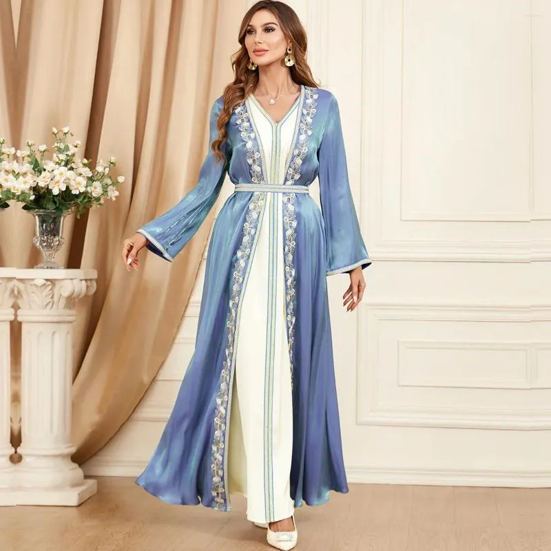 Abbigliamento etnico Ramadan Raso Caftano Marocain Femme 2 pezzi Abaya Set per le donne musulmane Chic Appliques Abito con cintura Arabo Africano Mujer