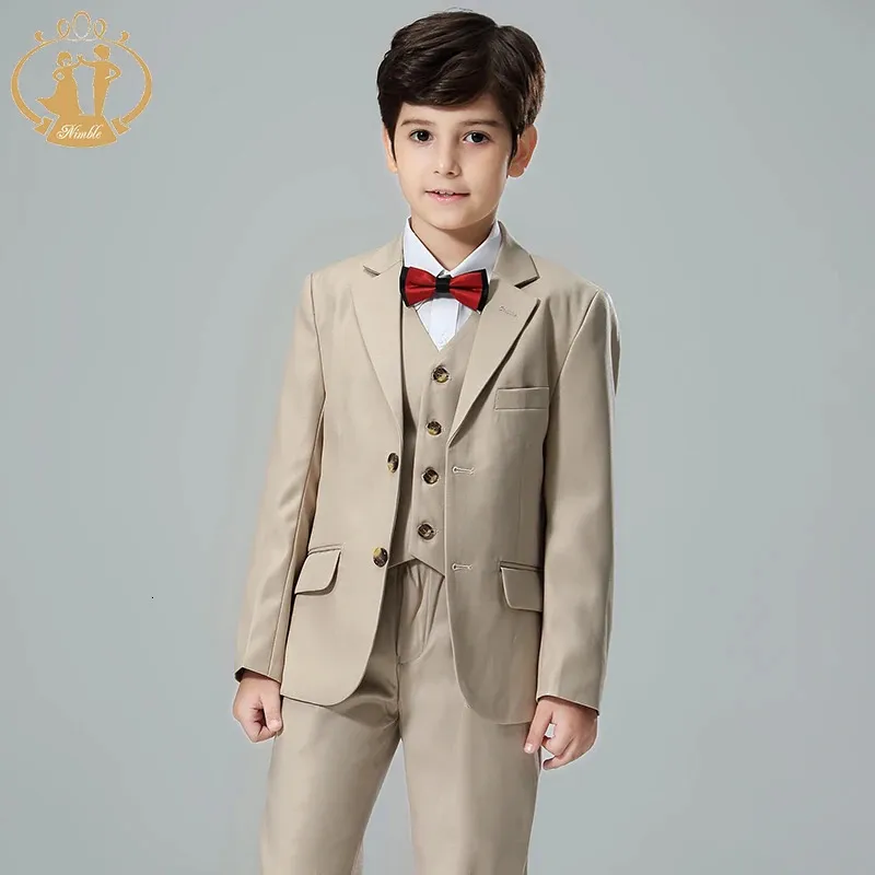 Nimble Spring Autumn Formal Suit for Boy Children Party Host Wedding Costume Coat Vest Pants 3Pcs Khaki Wholesale Clothing 240130