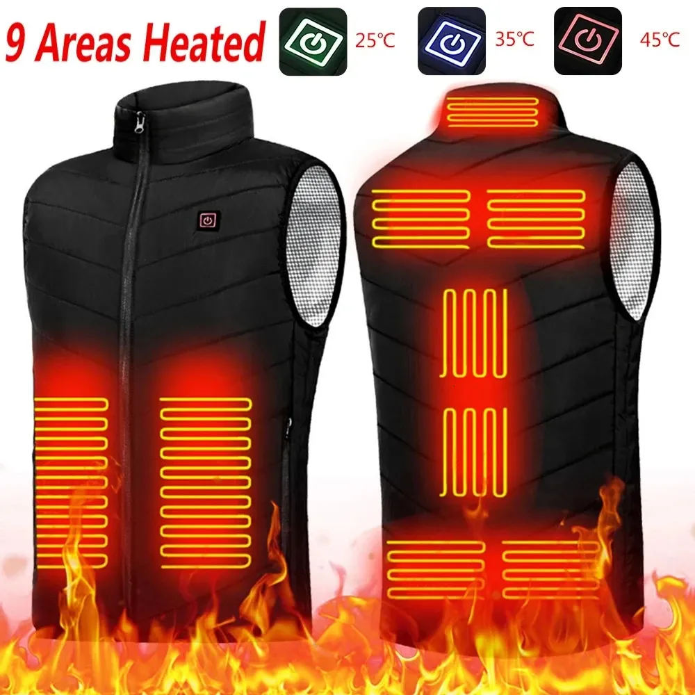 Men USB Infrared 9 Heating Areas Vest Jacket Men Winter Electric Heated Vest Waistcoat For Sports Hiking Oversized S-2XL 240125