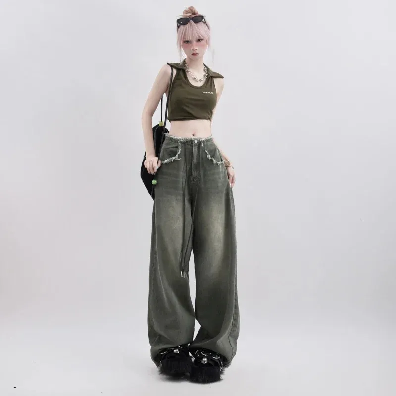 2023 Autumn Winter Woman Baggy Jeans Y2k European and American Style High Waist Pant Drawstring Rinsing Women's 240129