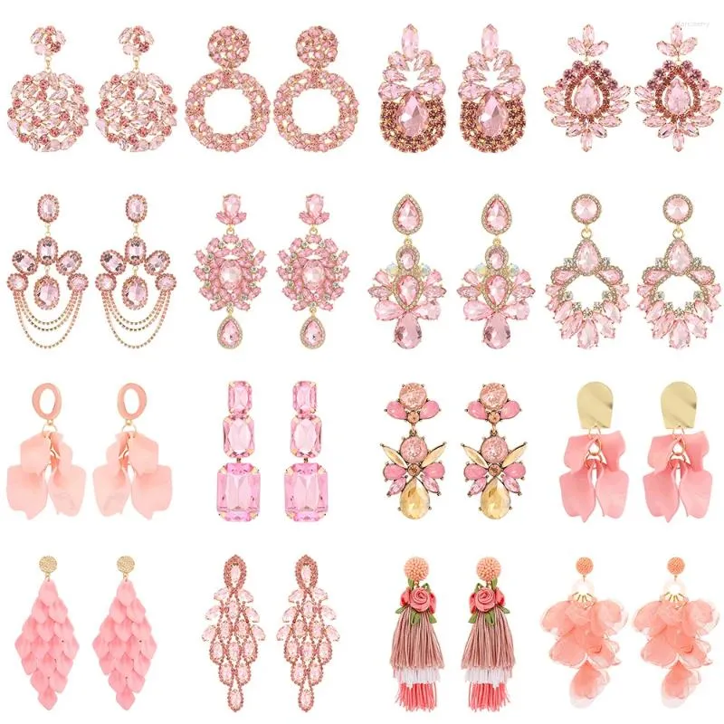 Dangle Earrings Romantic Fashion Pink Series For Women Elegant Luxury Petals Geometric Crystal Statement Jewelry Accessories