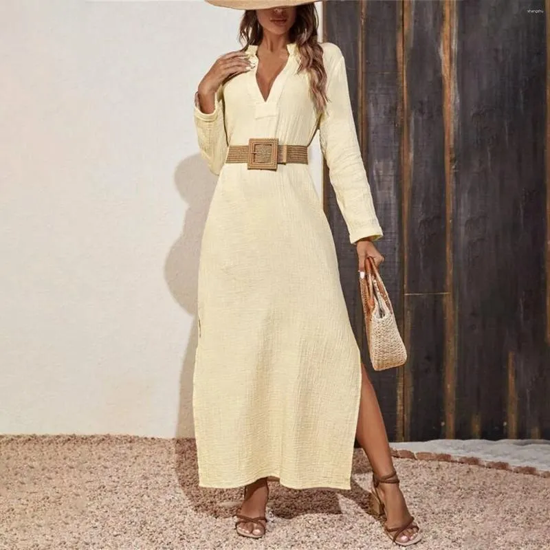 Elegant Cotton Linen Maxi Dress Summer Holiday V-Neck Dress