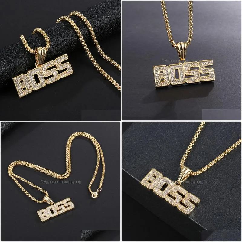 Collares colgantes Cadena de oro Hip Hop Letra Boss Collar Bling Diamond para hombres Mujeres Discoteca Joyería de moda Will y Sandy Drop DHXRO