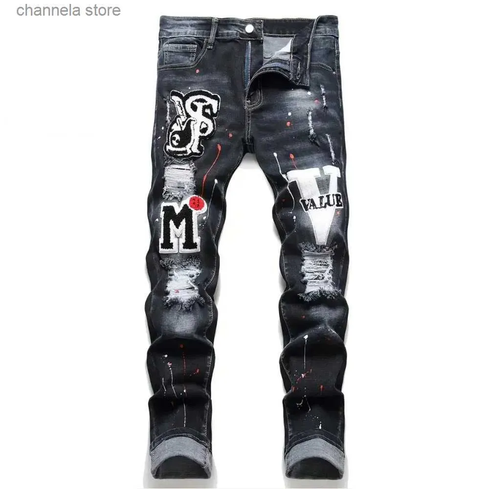 Män jeans män y2k stretchy denim jeans rippade magra brev tryck elastiska midja avslappnade byxor för män hål smal fit denim hip hop byxor t240218