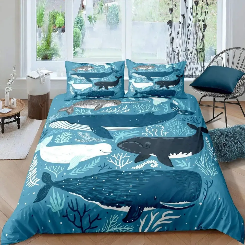 Whale Comforter Cover Twin SizeOcean Theme Bedding Set för KidsNautical Sailing Quilt Ocean Däcke Decor 3 Pieces 240131