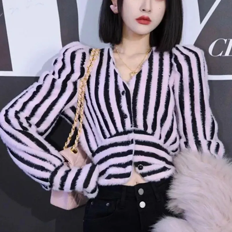 Spring Autumn Vneck Striped Printed Waist Plush Shirt Lady Puff Long Sleeve Casual Fashion Top Women Slim Allmatch Coat Jacket 240202