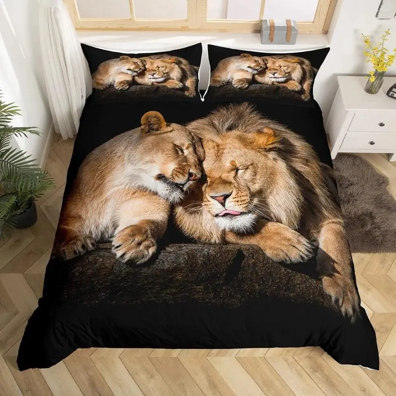 Beddengoedsets Leeuw Dieren Dekbedovertrek Bliksempatroon Jungle Wildlife Grijs Zwart Bed voor tieners Jongens Jongeman Decoratiekamer