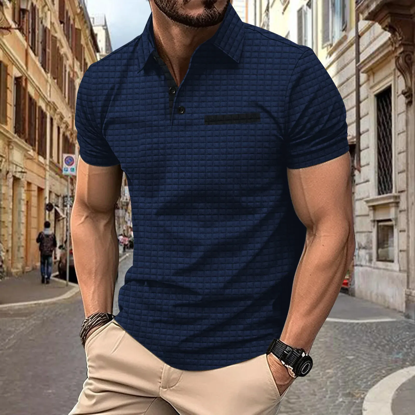 Męski kolor solidny letni krótkie rękawowe koszulę polo Modną Jacquard Plaid Polo Shirt Męska koszula golfowa 240122