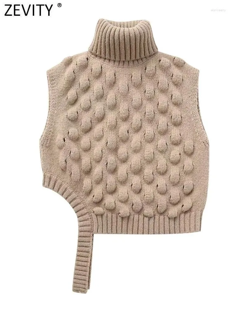 Kvinnors tröjor Zevity 2024 Kvinnor Fashion Sleeveless High Collar Texture Sticking Vest Sweater Kvinnliga oregelbundna grödor