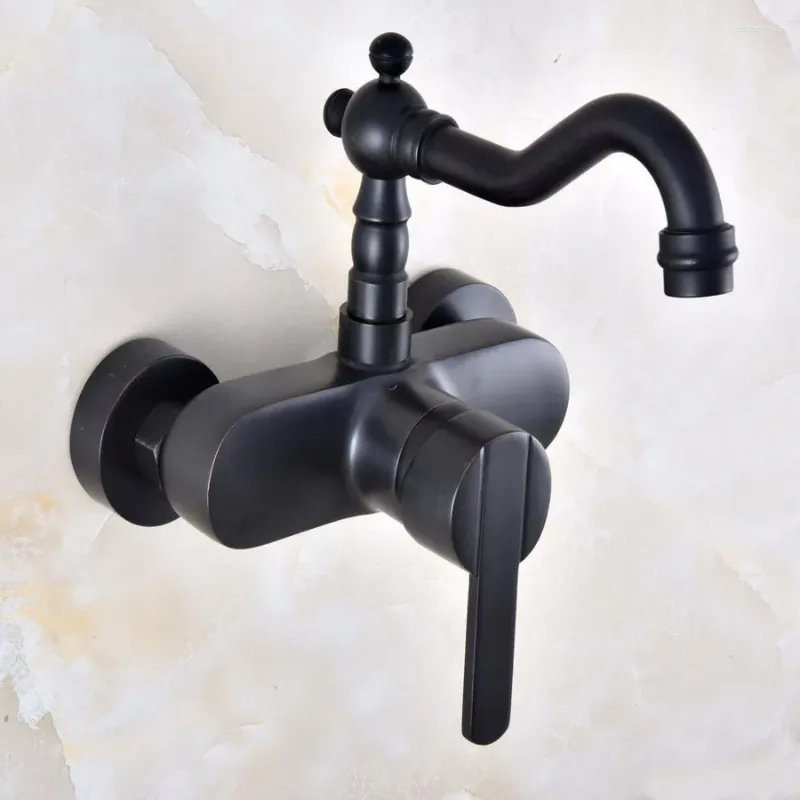 Bathroom Sink Faucets Black Oil Rubbed Brass Wall Mounted Kitchen Faucet And Cold Water Tap 360 Swivel Spout Mixer