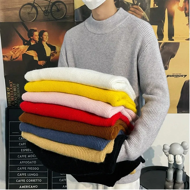 S-5XL Plus Size Mens Pullover Sweater Winter Ribbed Knitted Plain Color Comfort Twisted Long Sleeve Knitwear Clothing For Men 240129