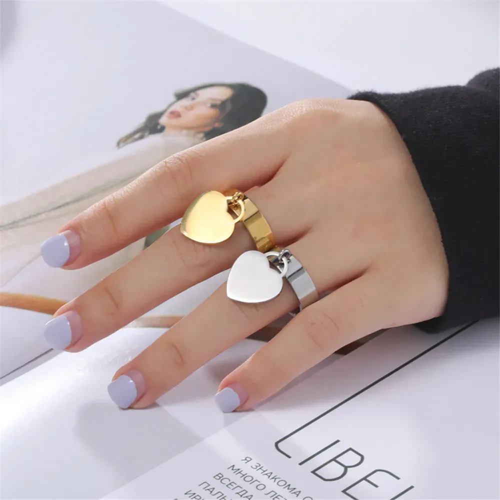 New 14k Yellow Gold Couple Rings With Dangle Heart Pendant Dating Ring for Women Men Fashion Wedding Lover Jewelry Gift