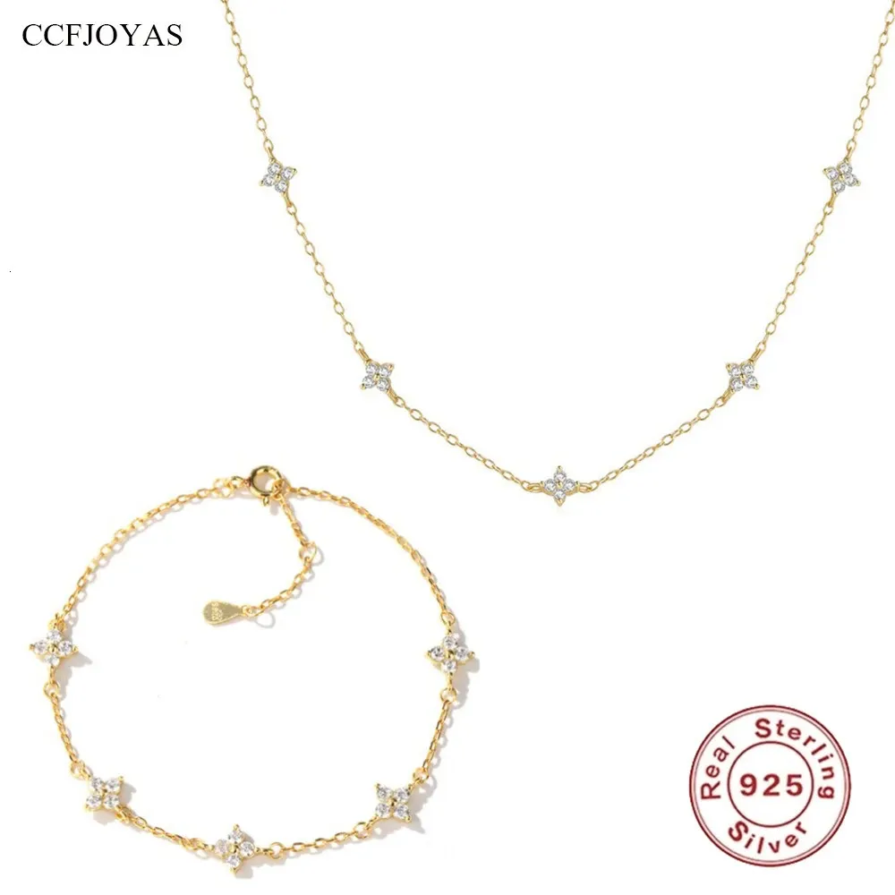 CCFJOYAS 100% 925 Sterling Silver Small Fresh Five Flower Zircon Necklace Bracelet Simple Korean Style Gypsophila Jewelry Set 240119