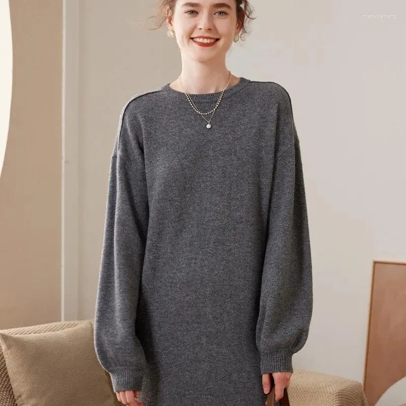 Vestidos casuais 2024 high-end inverno cashmere suéter longo vestido mulheres moda feminina de malha solta grande tamanho o-pescoço pulôver