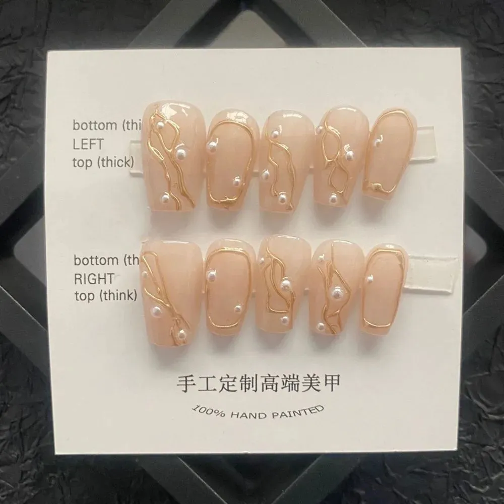 Handmade Korean Fake Nails Medium-length Coffin Adhesive False Nails Full Cover Nail Tips Acrylic Artificial Manicure for Girls 240129