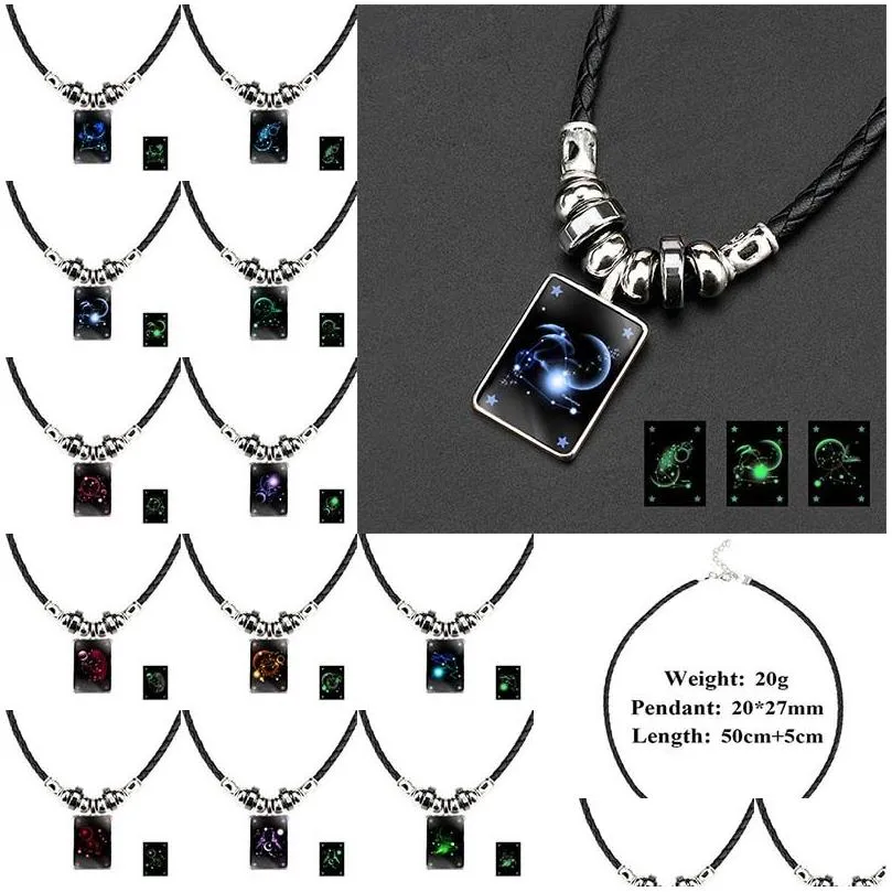 Pendant Necklaces 12 Twee Constell Luminous Men Horoscope Sign Black Gallstone Aquarius Pisces Scorpio Sagittarius Capricorn Beaded Dhwce