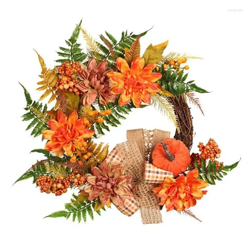 Dekorativa blommor Thanksgiving Day Door Wreath Artificial Silk Flower Pumpkin Berry Manmade Garland Tyg Rattan Material Heminredning