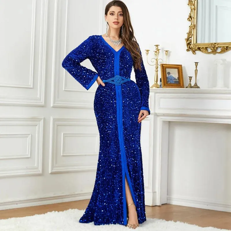 Abbigliamento etnico Dubai Paillettes di lusso Abito da sera con cintura Jalabiyat Marocchino Donna Caftano Autunno Inverno Velluto Abito Ramadan musulmano