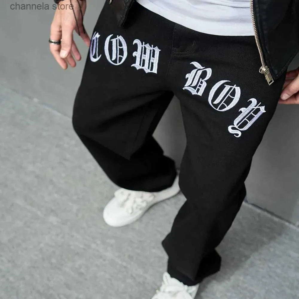 Calças de brim masculinas elegantes bordados calças de brim streetwear hip hop masculino em linha reta solta casual calças jeans t240205