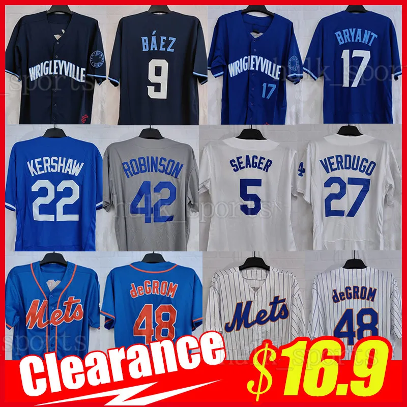 16.9 Koszulki z baseballowym 35 Bellinger 42 Robinson 22 Kershaw 48 DeGrom 9 Baez 44 Rizo Men Women Bule White Grey Jerseys