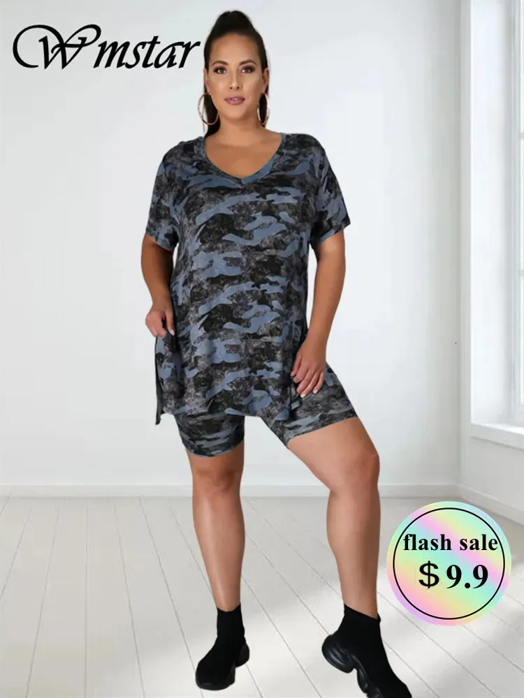 Wmstar Plus Size Tweedelige Set Camouflage Dameskleding Korte Sets Bijpassende Top en Broek Pak Zomer Groothandel Drop 240127