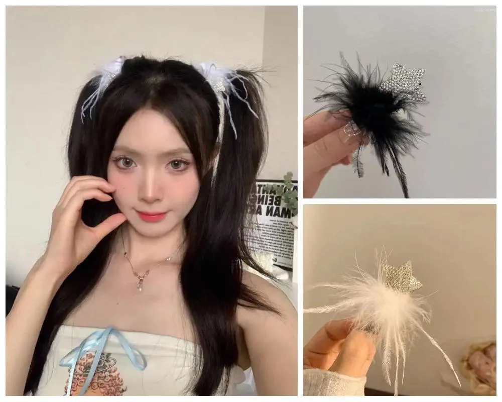 ヘアアクセサリーホワイトとブラックフェザースタークリップラインストーン星メタルスナップヘアピンガールズサイドヘアグリップバレット