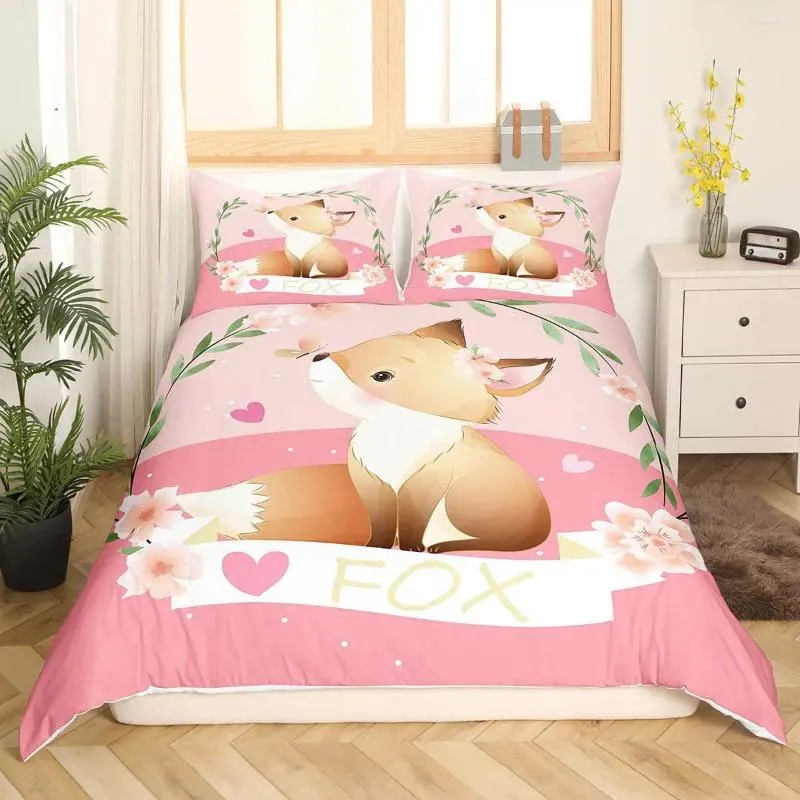 Bedding Sets Girls Cartoon Fox Duvet Cover Set Cute Kawaii Animals Comforter Botanical Floral Bedspread Full Size