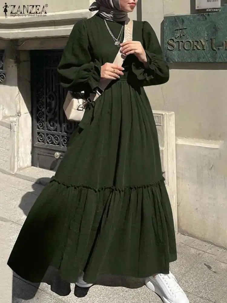 Etniska kläder zanzea mode kvinnor elegant solid dubai kalkon abaya sundress hijab muslimska ruffles klänning hösten långärmad maxi