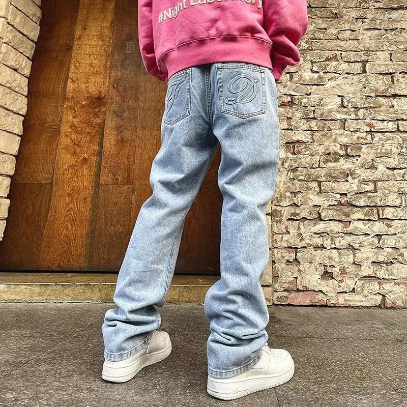 Jeans pour hommes High Street Y2K Industrie lourde Denim lavé et pressé Pantalon tube droit ample Casual Polyvalent Tendance Hip Hop