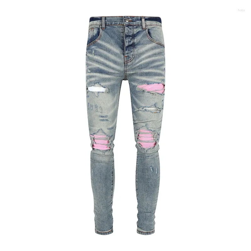 Jeans da uomo Street Fashion Uomo Retro lavato blu elastico elasticizzato skinny fit strappato rosa rattoppato pantaloni di marca hip hop