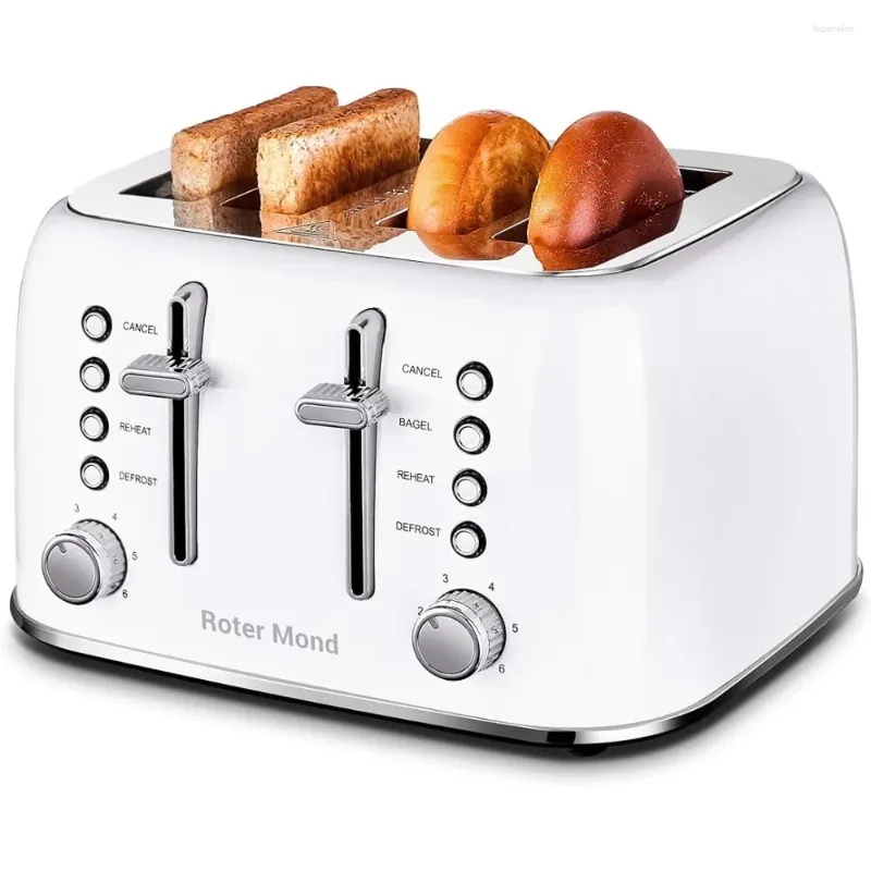 Brödtillverkare Toaster 4 Slice Retro Rostfritt stål med extra breda slots bagel avfrostande omvärmningsfunktion vit