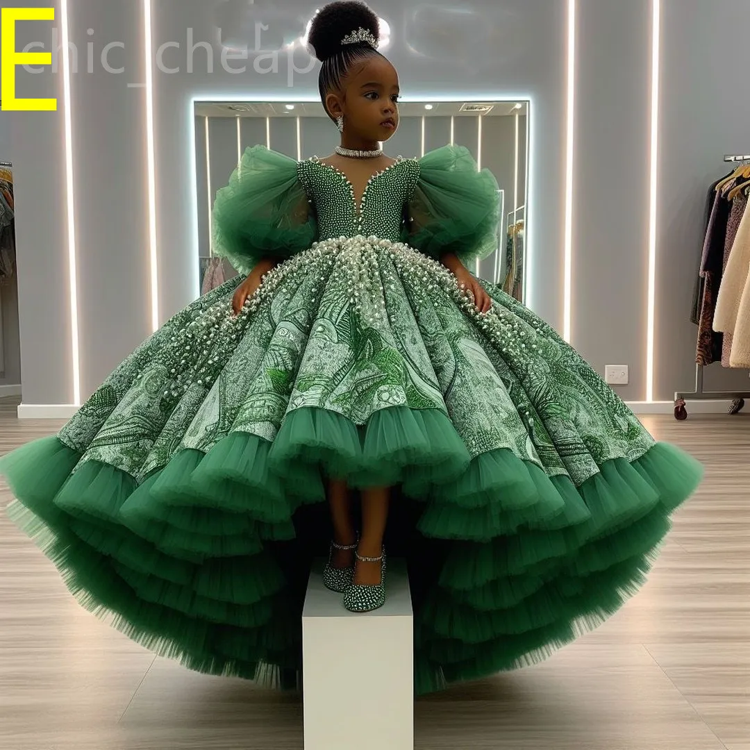 2024 Royal Green Printed Flower Girl Dresses Ball Gown Tulle Tiers Pearls Beaded Luxurious Little Girl Christmas Peageant Birthday Christening Tutu Dress Gowns ZJ4