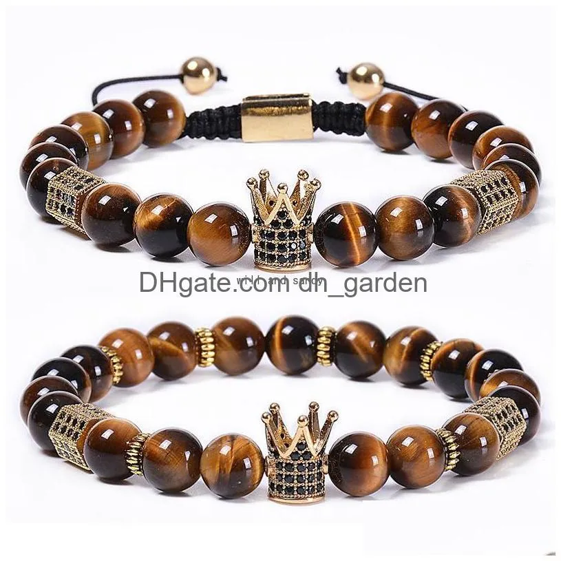 Perlé Tiger Eye Couronne Bracelet Pierre Naturelle Cuivre Micro-incrusté Zircon Diamant Tressé Perle Bracelets Femmes Hommes Bijoux De Mode Wi Dhfah