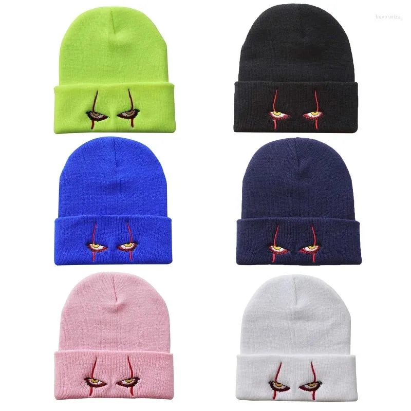 Berets Winter Harajuku Knitted Hat Unisex Warm Clown Eyes Embroidery Skullcap