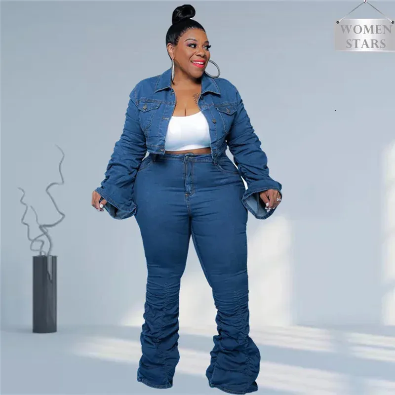 Denim Plus Size Sets Women 2 Piece Set Puff Long Sleeve Jacket Stretch Stacked Jeans Fall Winter Clothes Wholesale Drop 240130