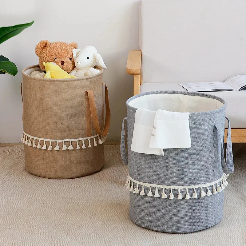 Foldable Braided Jute Cloth Laundry Basket Cotton Linen Dirty Cothes Storage Basket Kids Toys Sundries Organizer for Home 240125