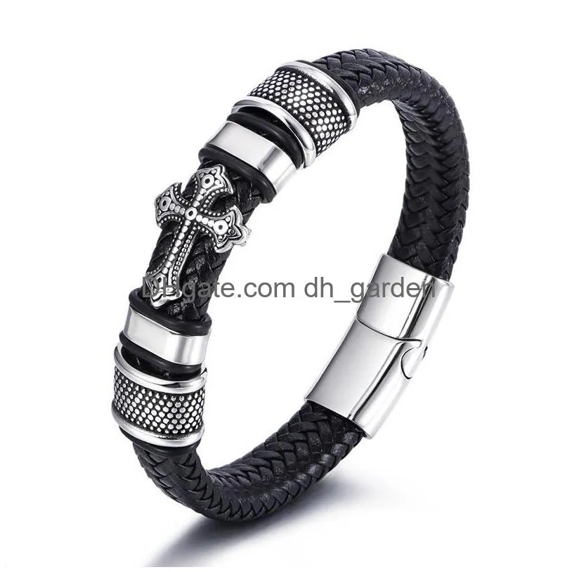 Charm Armbänder Leder Gewebtes Kreuz Herren Armband Edelstahl Knopf Hip Hop Armband Armreif Manschette Modeschmuck Geschenk Drop Deli Dhuyh