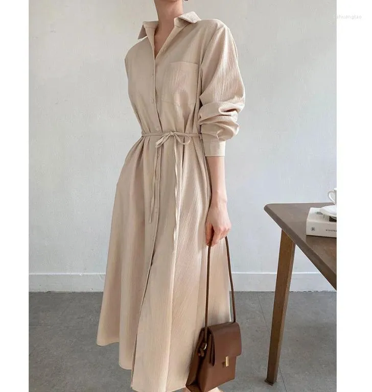 Casual Dresses Superaen 2024 Korean Chic Spring Lapel Collar Single Breasted spetsar upp midjan Tie skjorta klänning