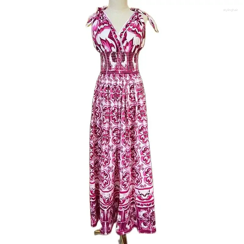 Party Dresses Summer Runway Vacation Long Dress Women V Neck Elastic midja Blue and White Porslin Print Maxi Robe Femme Clothes N499