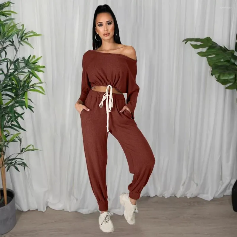 Kvinnors tvåbitar byxor Casual Solid Tracksuit Women Sexy Off the Shoulder Drawstring Long Sleeve Crop Top Sweatpants Slim Set Fall Oufits