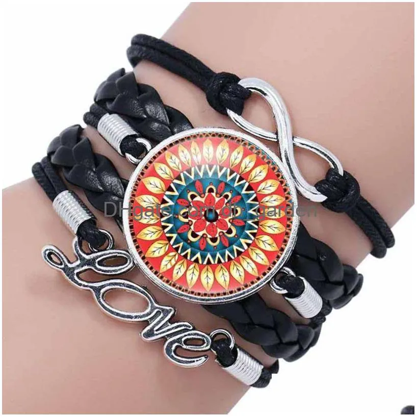 Charme pulseiras atualizar infinito amor mandala mtilayer envoltório tecer flor cabochão pulseira para mulheres crianças moda jóias gota d dh4j3