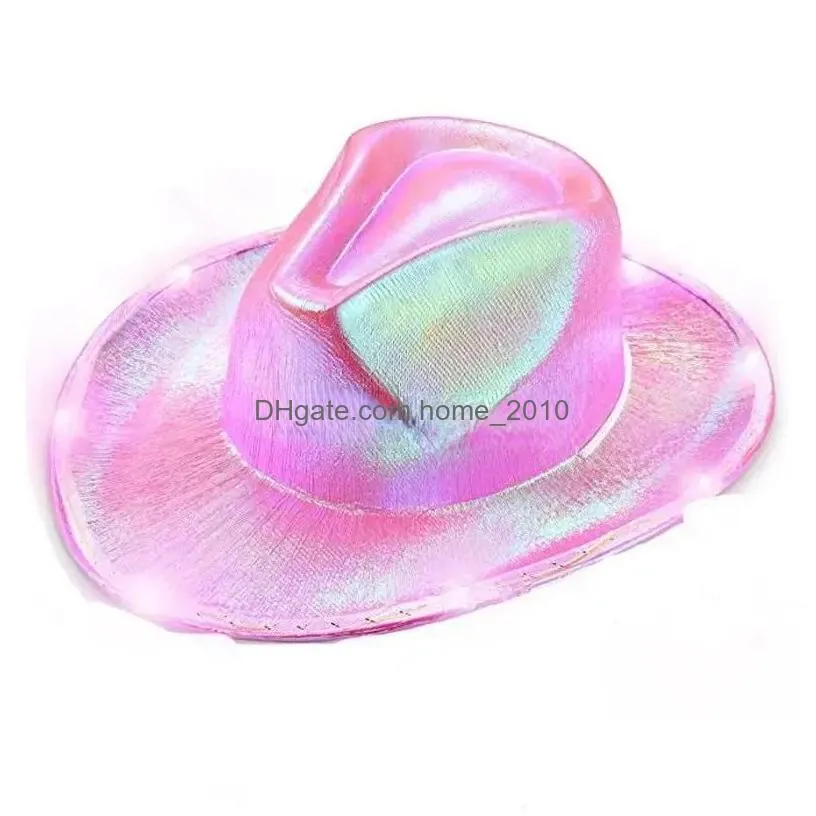 Party Hats ledde vit ljus upp cowboy neon cowgirl hatt holografisk rave fluorescerande med justerbar vindtrodent sladd för halloween kostnad dhkuu