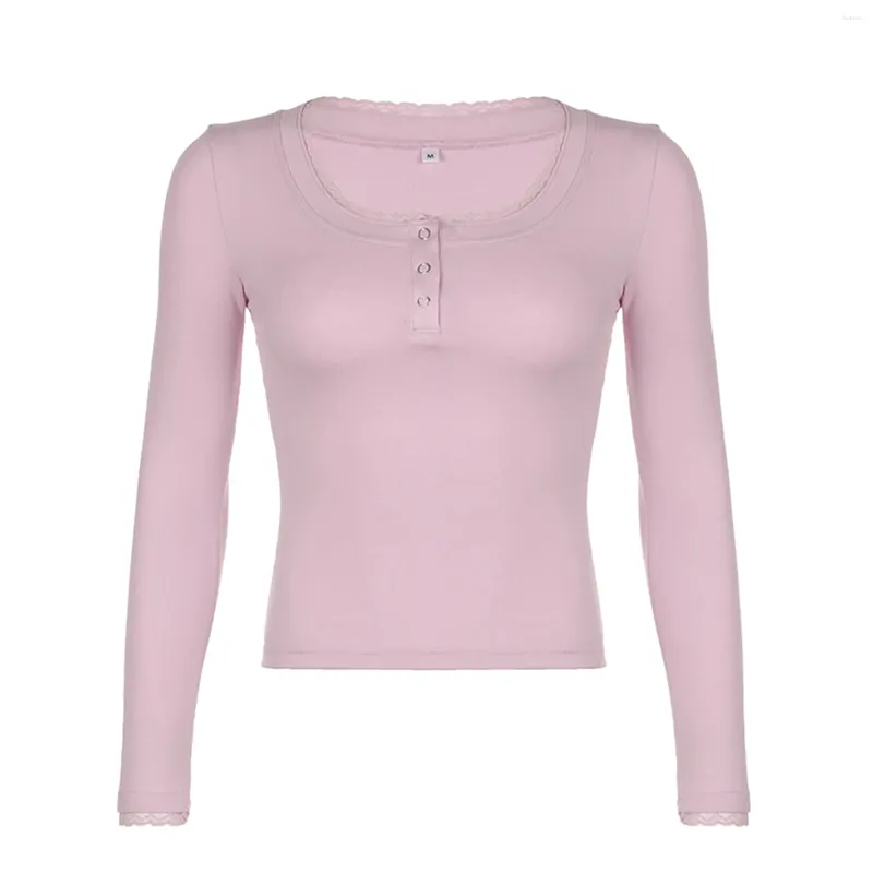 Magliette da donna Top a manica lunga da donna con finiture in pizzo Camicia Henley di base Pullover casual per abiti estetici streetwear club autunnali