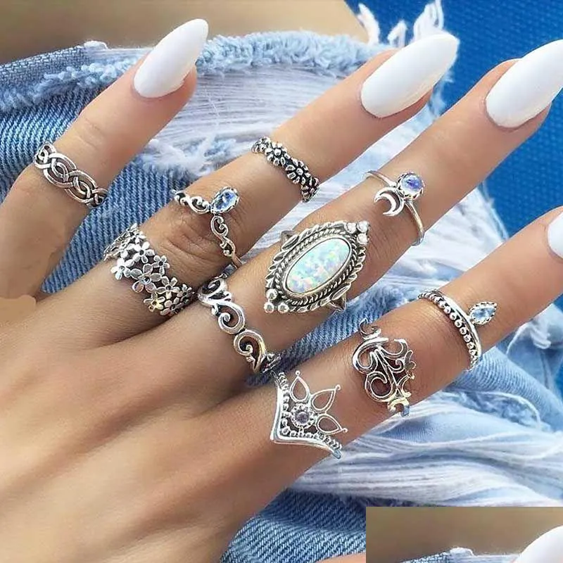 Avec des pierres latérales Bling Opal Vintage Anneaux Ensemble pour femmes Boho Géométrique Fleur Cristal Empilable Knuckle Bague Bohème Lune Doigt Juif Dhswk