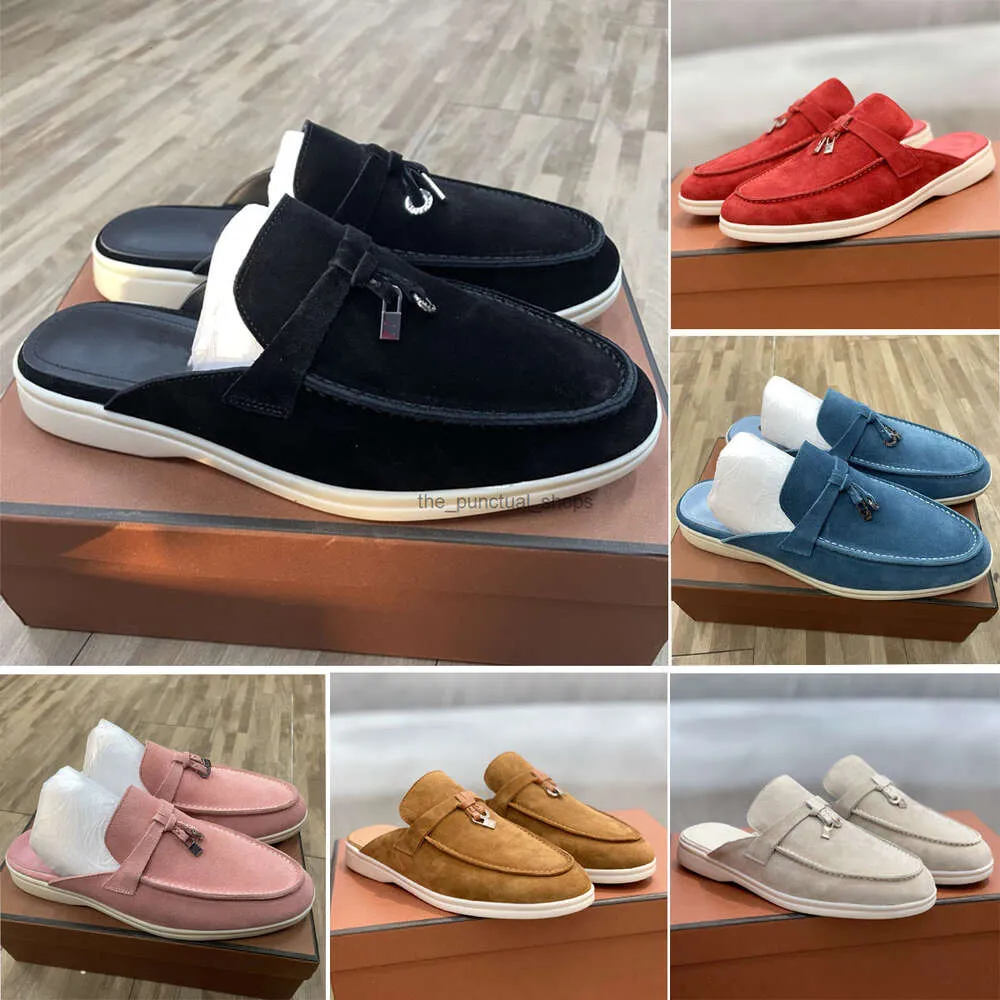 Designers platta loafers tofflor kvinnor skor loro lägenheter klänning sko fabrik skor sommar charms gå mocka aprikos läder avslappnad slip