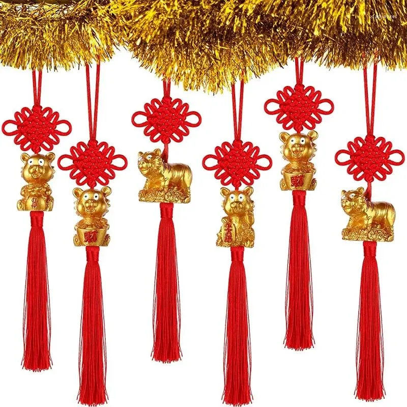 Estatuetas decorativas 8 peças decoração nó chinês ano dourado do tigre amuletos da sorte vermelho pendurado decoração feng shui