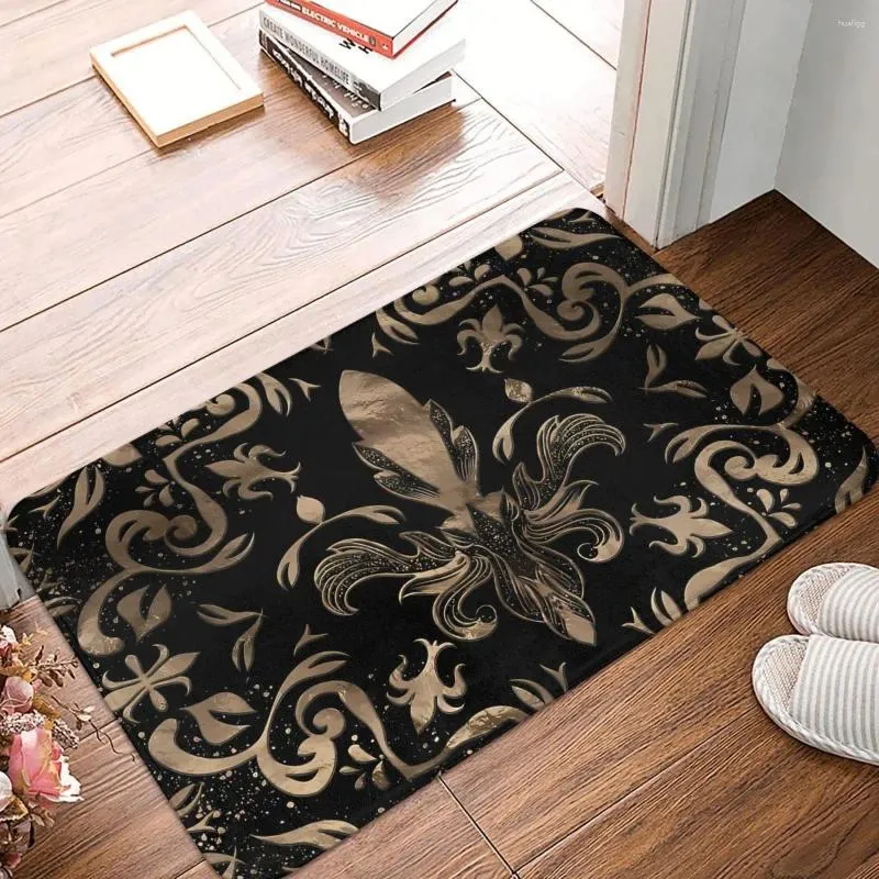 Tappeti Fleur De Lys Tappeto antiscivolo Zerbino Tappetino da cucina Ornamento Nero e oro Tappeto da pavimento di bellezza Decorativo per camera da letto