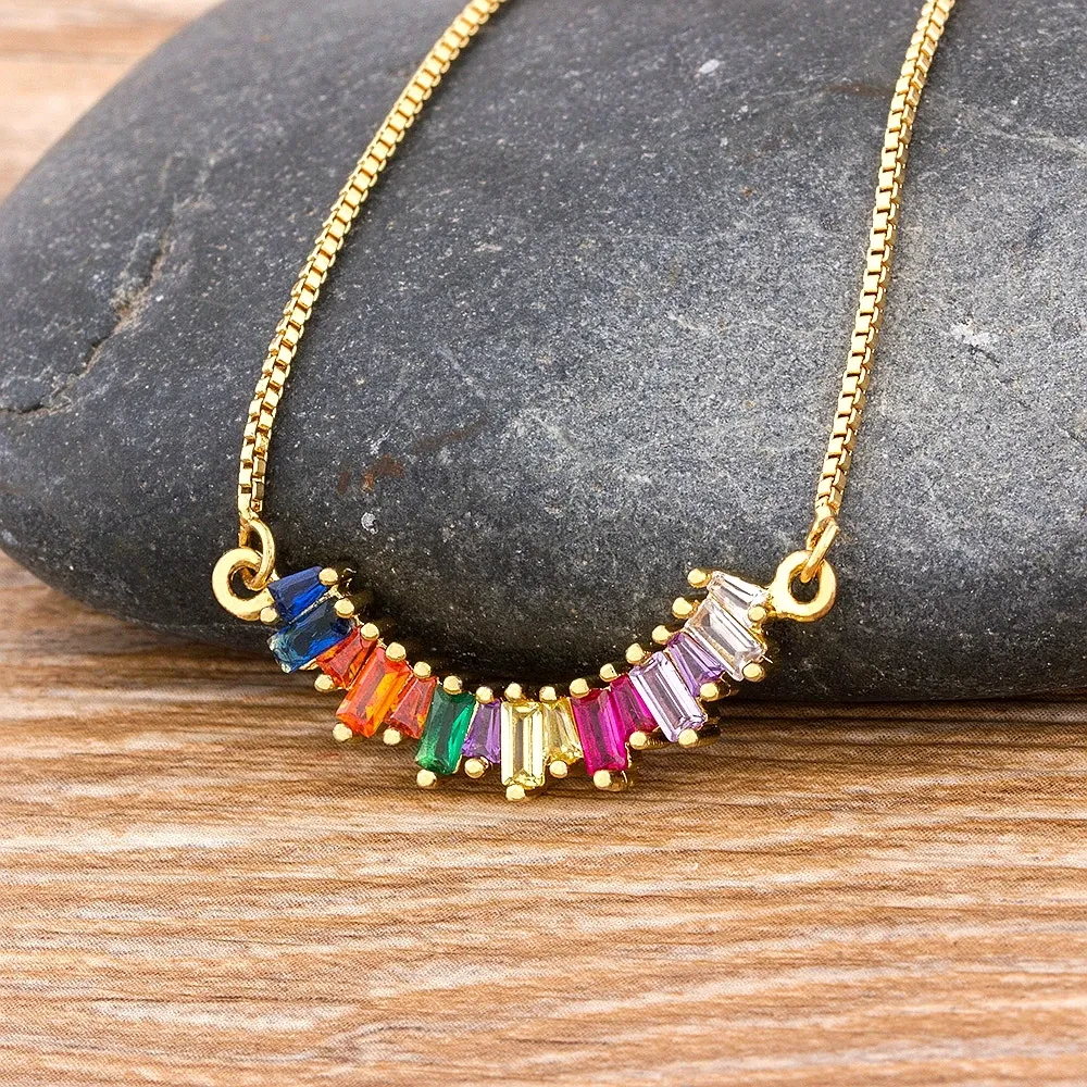 Nieuwe aankomst CZ Rainbow 14K Geel Gouden ketting Vrouw Lange ketting Zirconia Hanger Natural Stone sieraden Kraagfeest Geschenk voor vrouwen G 181