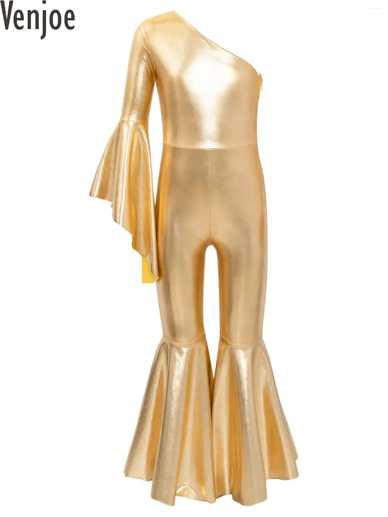 Stage Wear Kid Girl Metallic Shiny Bell-Bottom Jazz Dance Jumpsuit One Shoulder Bodysuit Carnival Party 60s 70s Hippie Performance Costume