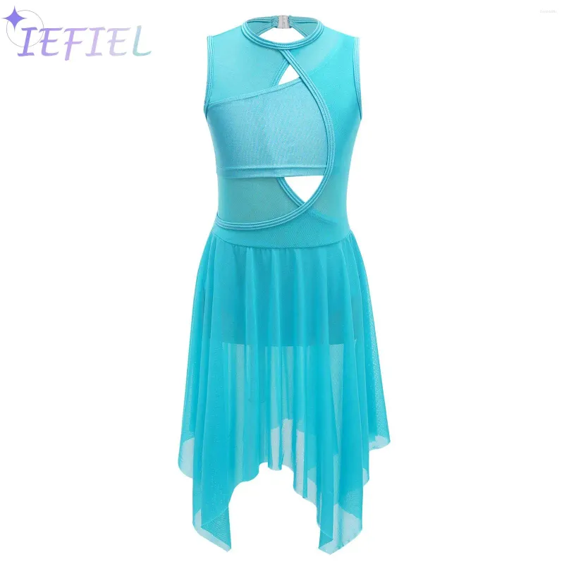 Stage Wear Kids High-Low Skirt Modern Contemporary Costumes Junior Girls Sleeveless Cut Out Mesh Splice Lyrical Dance Gymnastics Leotard